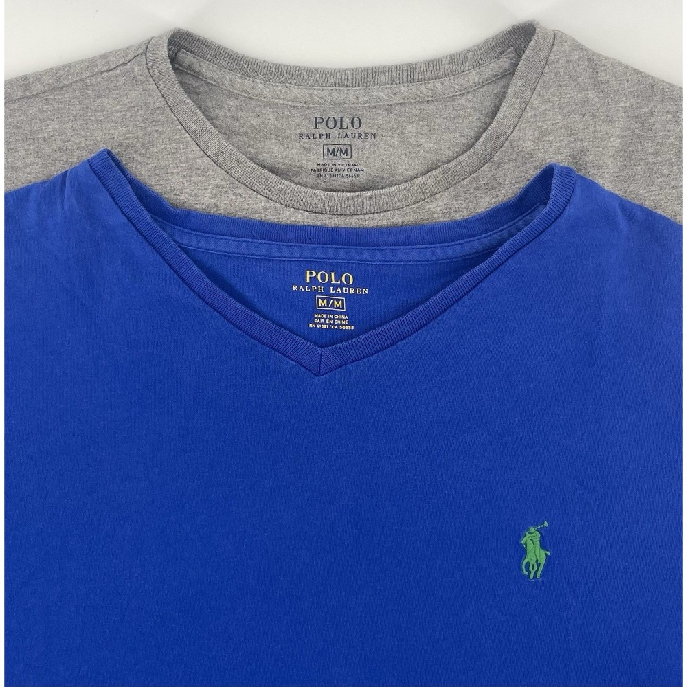 Polo Ralph Lauren T-Shirt Mens M Blue Gray 2 Pack V-Neck Crew Neck Preppy Basic